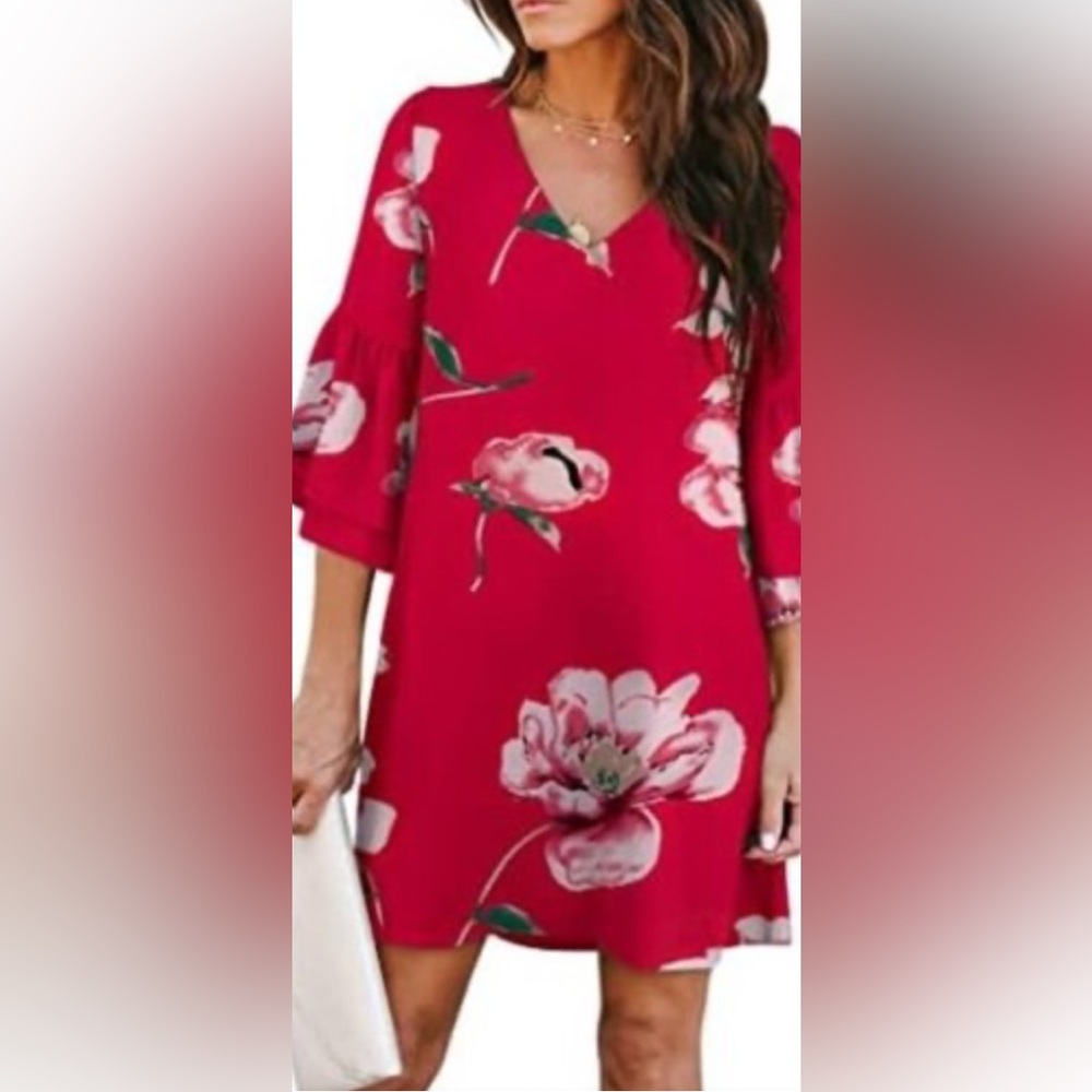 Belongsci Red Floral Dress V Neck 3/4 Bell Sleeves Boho Lined Multicolor L👍